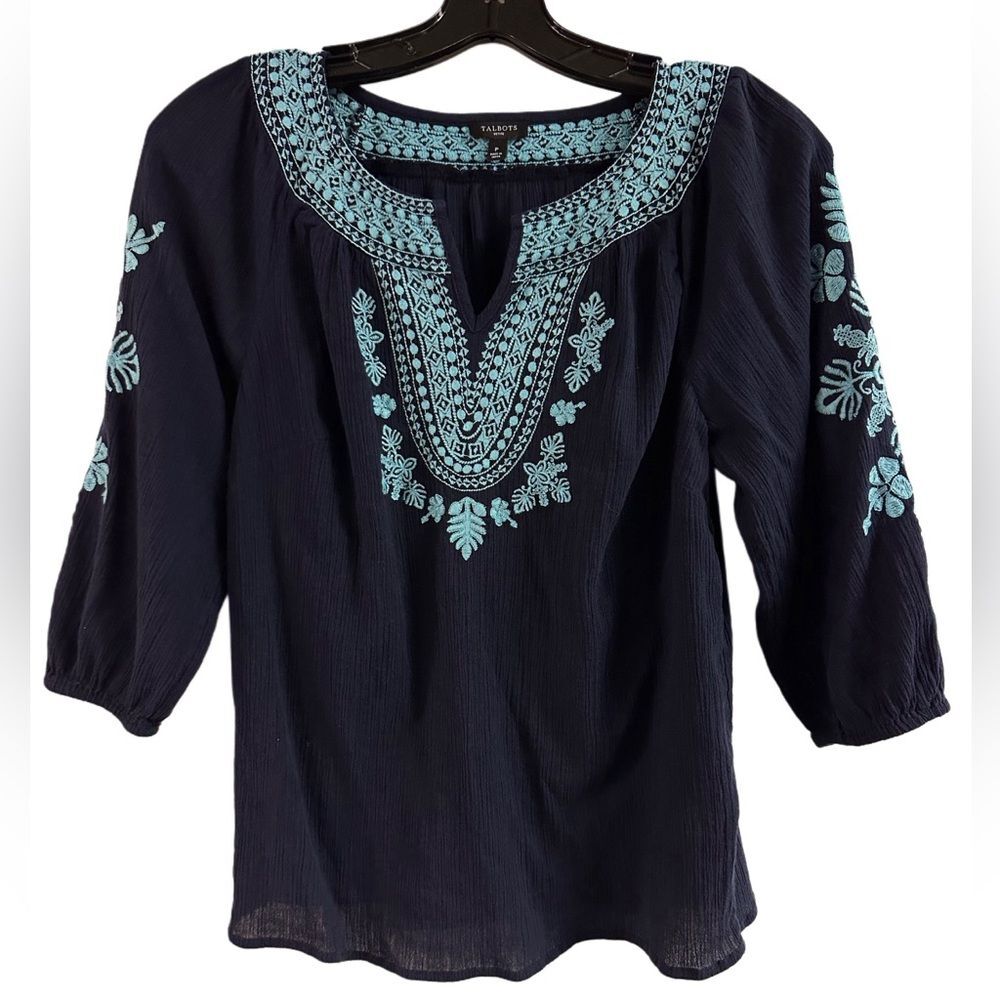 Talbots Navy Blue Blouse with Light Blue Embroidery